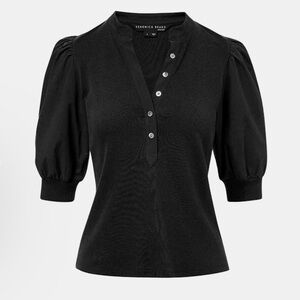 Veronica Beard Coralee Puff Sleeve Top Black Ribbed Henley XS